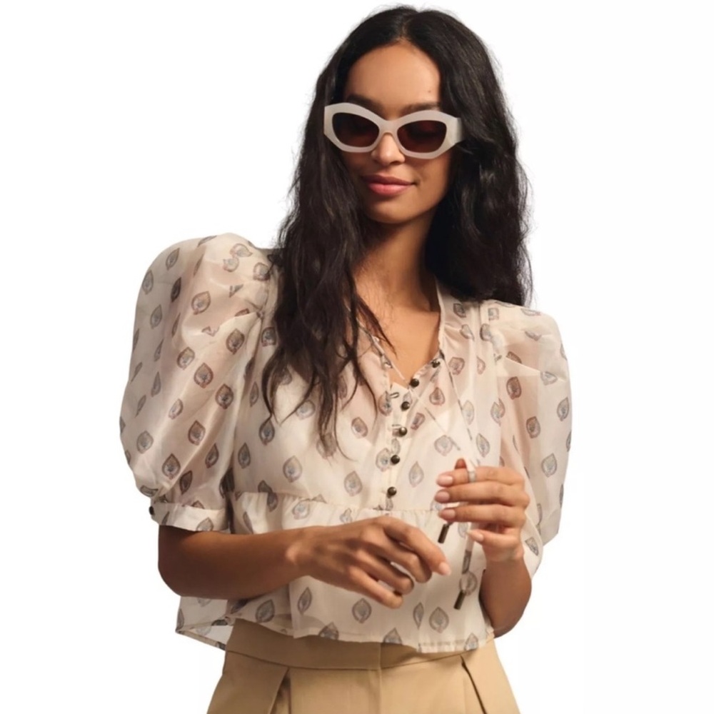 Anthropologie holiday Puff sleeve sheer blouse size Small
